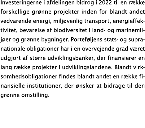 Investeringerne i afdelingen bidrog i 2022 til en række forskellige grønne projekter inden for blandt andet vedvarend   