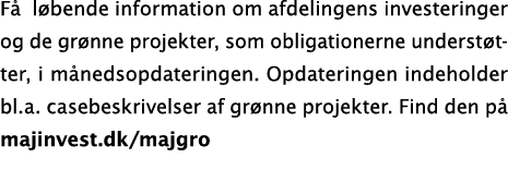 Få løbende information om afdelingens investeringer og de grønne projekter, som obligationerne understøtter, i måneds   