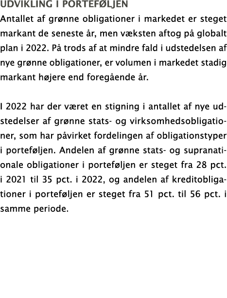 Udvikling i porteføljen  Antallet af grønne obligationer i markedet er steget markant de seneste år, men væksten afto   