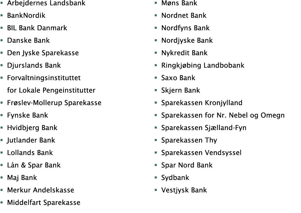 Arbejdernes Landsbank BankNordik BIL Bank Danmark Danske Bank Den Jyske Sparekasse Djurslands Bank Forvaltningsinstit   