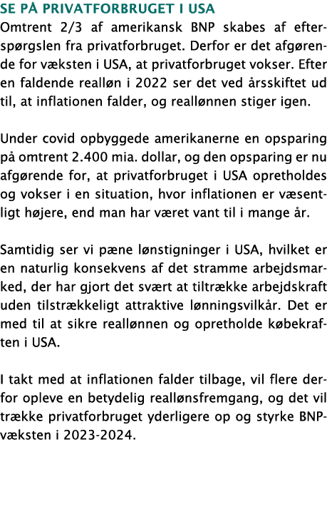 Se på privatforbruget i USA Omtrent 2 3 af amerikansk BNP skabes af efterspørgslen fra privatforbruget  Derfor er det   