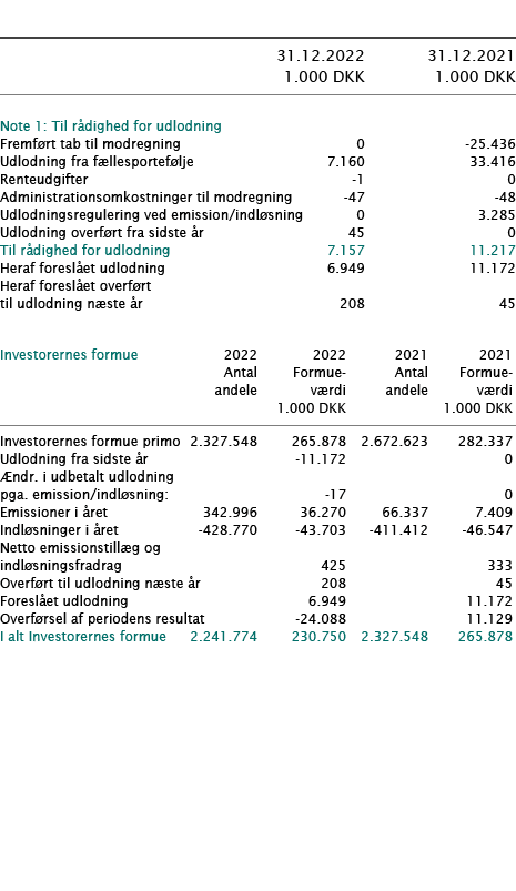            31 12 2022 31 12 2021  1 000 DKK 1 000 DKK        Note 1: Til rådighed for udlodning     Fremført tab til    