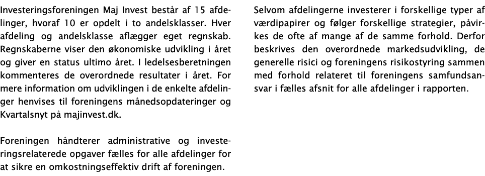 Investeringsforeningen Maj Invest består af 15 afdelinger, hvoraf 10 er opdelt i to andelsklasser  Hver afdeling og a   