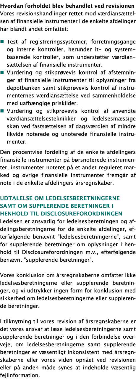 Hvordan forholdet blev behandlet ved revisionen Vores revisionshandlinger rettet mod værdiansættelsen af finansielle    