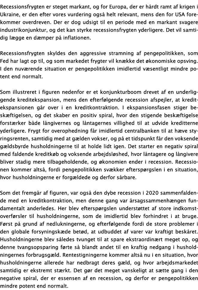 Recessionsfrygten er steget markant, og for Europa, der er hårdt ramt af krigen i Ukraine, er den efter vores vurderi   