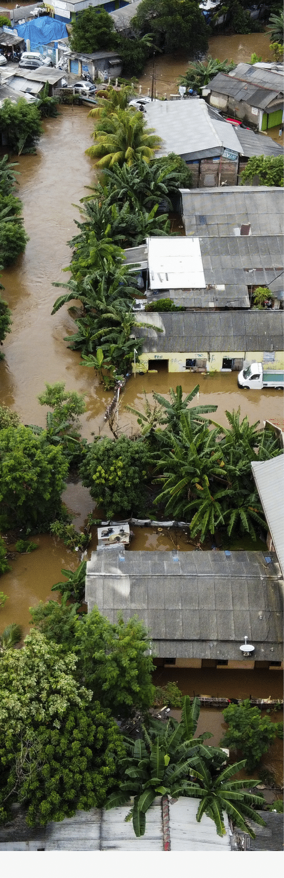 Aerial POV view Depiction of flooding. devastation wrought after massive natural disasters