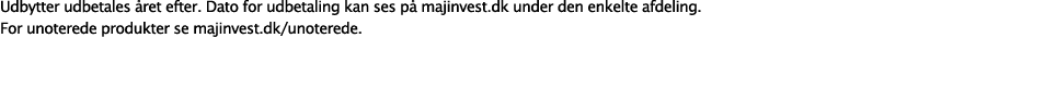 Udbytter udbetales ret efter. Dato for udbetaling kan ses p  majinvest.dk under den enkelte afdeling. For unoterede ...