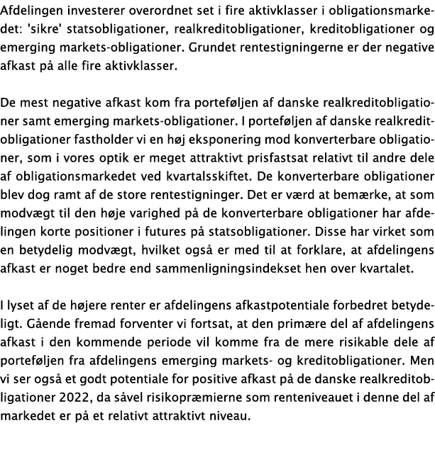 Afdelingen investerer overordnet set i fire aktivklasser i obligationsmarkedet: 'sikre' statsobligationer, realkredit   