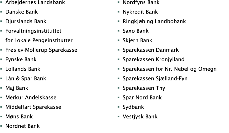 Arbejdernes Landsbank Danske Bank Djurslands Bank Forvaltningsinstituttet for Lokale Pengeinstitutter Frøslev-Molleru   
