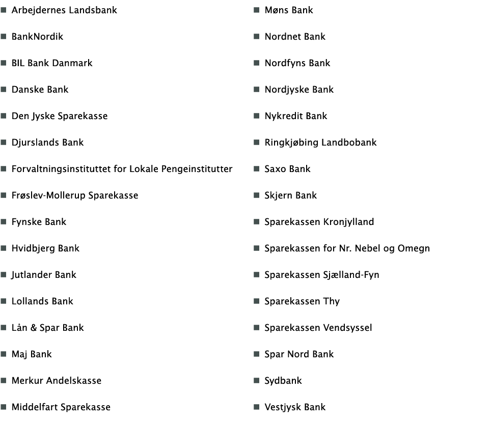 Arbejdernes Landsbank BankNordik BIL Bank Danmark Danske Bank Den Jyske Sparekasse Djurslands Bank Forvaltningsinstit   