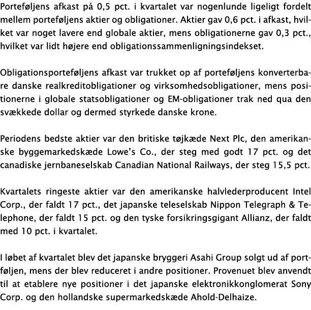 Porteføljens afkast på 0,5 pct  i kvartalet var nogenlunde ligeligt fordelt mellem porteføljens aktier og obligatione   