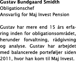 Gustav Bundgaard Smidth Obligationschef Ansvarlig for Maj Invest Pension Gustav har mere end 15 års erfaring inden fo   