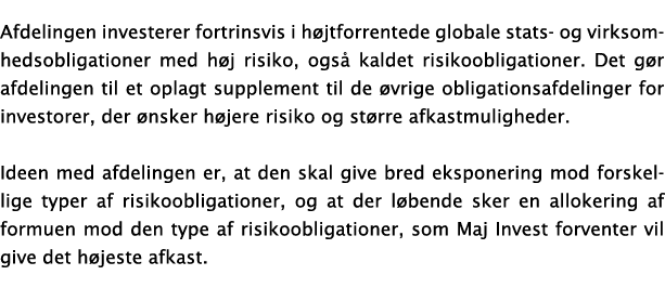Afdelingen investerer fortrinsvis i højtforrentede globale stats- og virksomhedsobligationer med høj risiko, også kal   