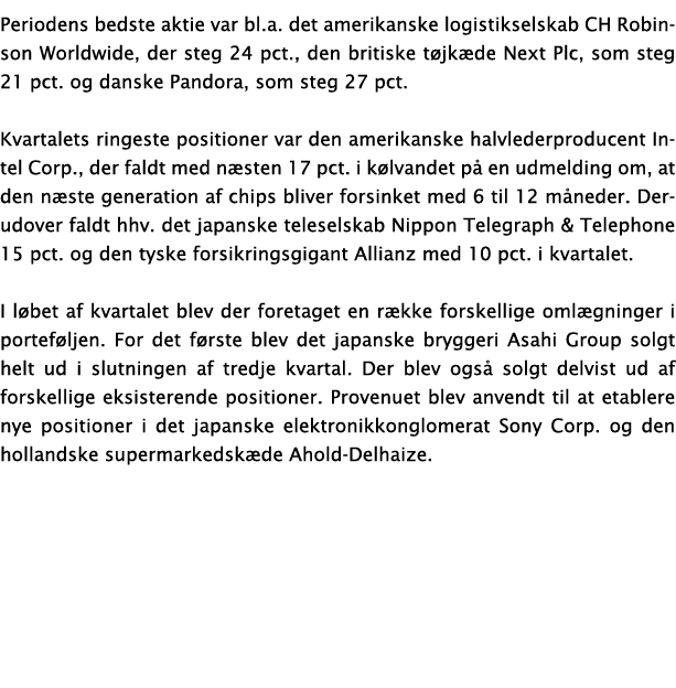 Periodens bedste aktie var bl a  det amerikanske logistikselskab CH Robinson Worldwide, der steg 24 pct , den britisk   