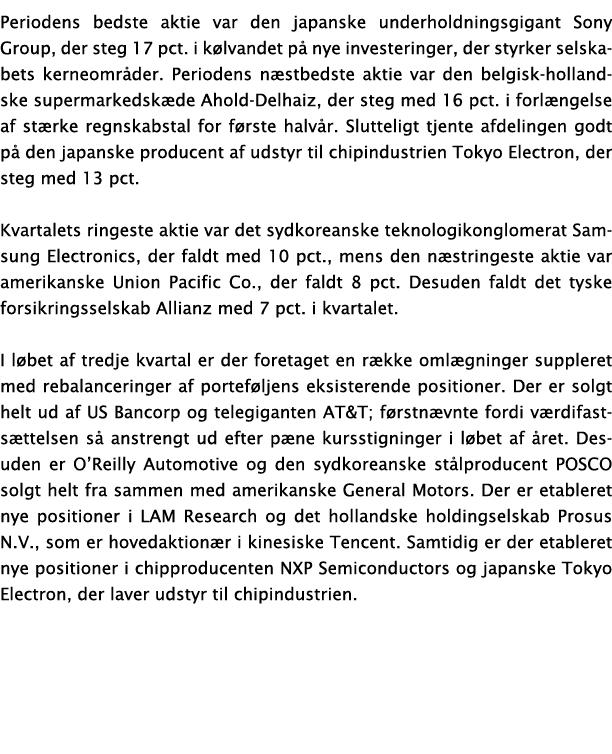 Periodens bedste aktie var den japanske underholdningsgigant Sony Group, der steg 17 pct  i kølvandet på nye invester   