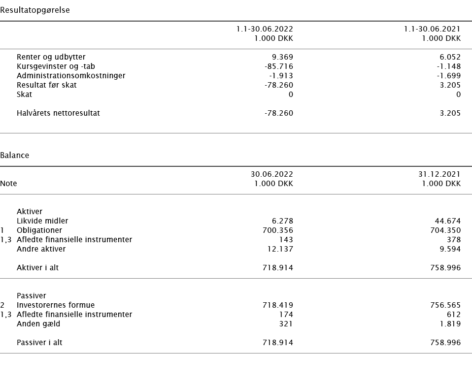   Resultatopgørelse        1 1-30 06 2022 1 1-30 06 2021    1 000 DKK 1 000 DKK        Renter og udbytter 9 369 6 052   