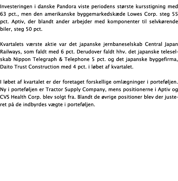 Investeringen i danske Pandora viste periodens st rste kursstigning med 63 pct , men den amerikanske byggemarkedsk de   