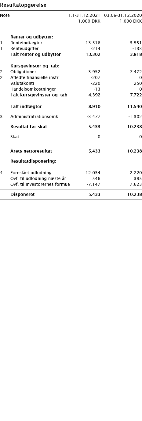  Resultatopgørelse       Note 1 1-31 12 2021 03 06-31 12 2020  1 000 DKK 1 000 DKK          Renter og udbytter:   1    