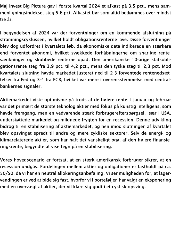 Maj Invest Big Picture gav i f rste kvartal 2024 et afkast p 3,5 pct., mens sammenligningsindekset steg 5,6 pct. Afk...