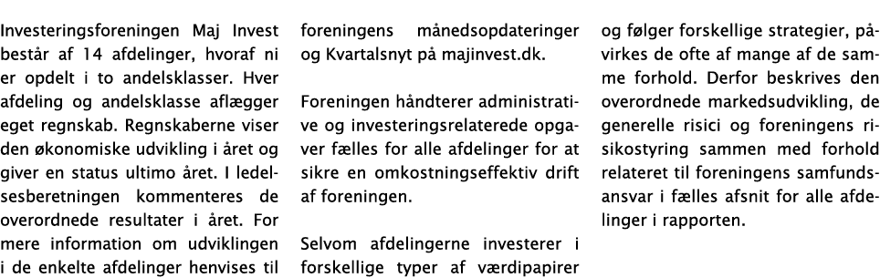 Investeringsforeningen Maj Invest består af 14 afdelinger, hvoraf ni er opdelt i to andelsklasser  Hver afdeling og a   