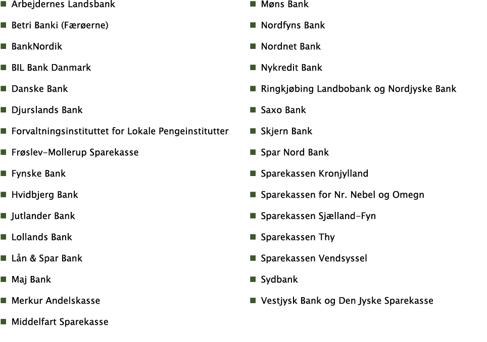 Arbejdernes Landsbank Betri Banki (Færøerne) BankNordik BIL Bank Danmark Danske Bank Djurslands Bank Forvaltningsinst   