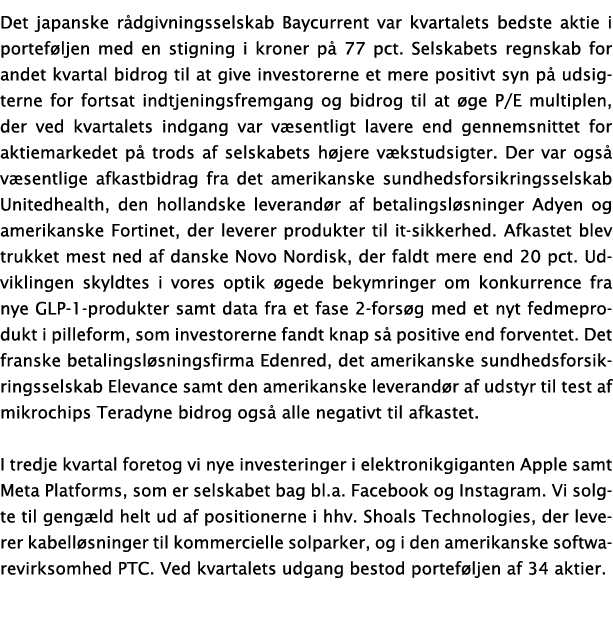 Det japanske rådgivningsselskab Baycurrent var kvartalets bedste aktie i porteføljen med en stigning i kroner på 77 p   