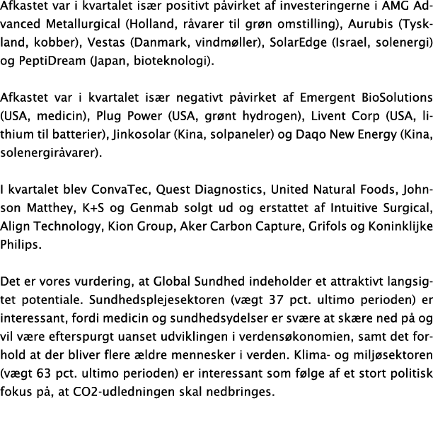 Afkastet var i kvartalet især positivt påvirket af investeringerne i AMG Advanced Metallurgical (Holland, råvarer til   