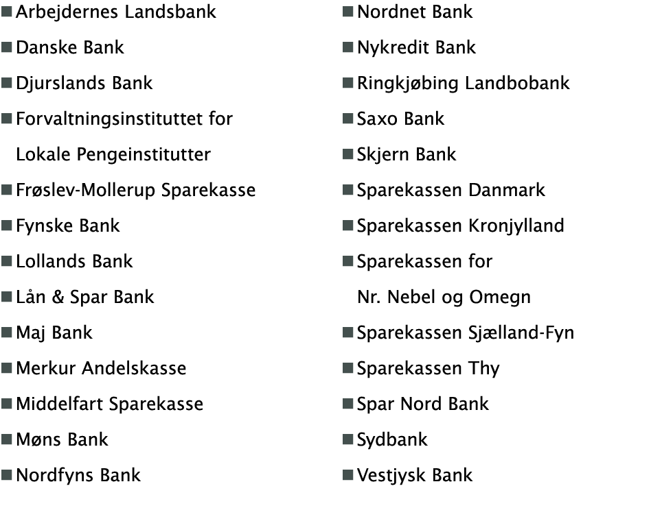 � Arbejdernes Landsbank � Danske Bank � Djurslands Bank � Forvaltningsinstituttet for Lokale Pengeinstitutter � Fr sl...