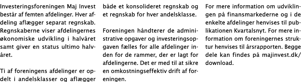 Investeringsforeningen Maj Invest best r af femten afdelinger. Hver afdeling afl gger separat regnskab. Regnskaberne ...