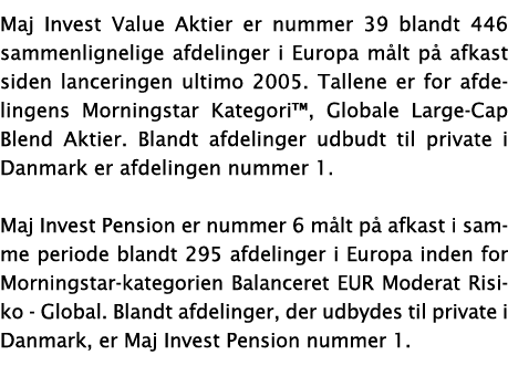 Maj Invest Value Aktier er nummer 39 blandt 446 sammenlignelige afdelinger i Europa m lt p afkast siden lanceringen ...