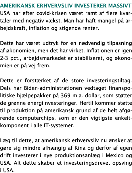 Amerikansk erhvervsliv investerer massivt USA har efter covid-krisen v ret ramt af flere kvartaler med negativ v kst....