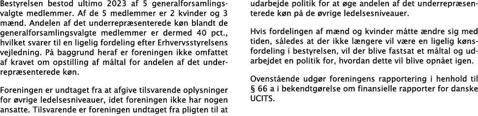 Bestyrelsen bestod ultimo 2023 af 5 generalforsamlingsvalgte medlemmer. Af de 5 medlemmer er 2 kvinder og 3 m nd. And...