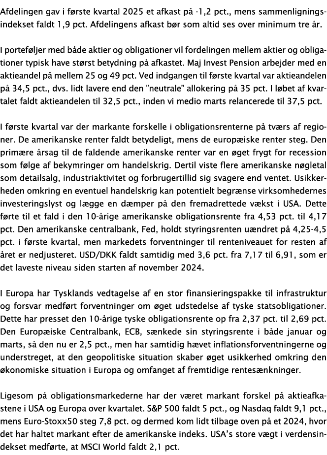 Afdelingen gav i f rste kvartal 2025 et afkast p 1,2 pct., mens sammenligningsindekset faldt 1,9 pct. Afdelingens af...